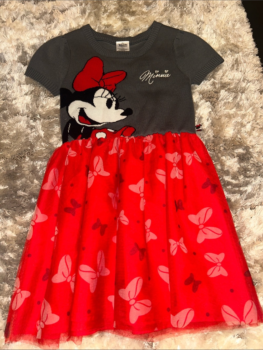Disney Girls Minnie Mouse Red and Gray Bow Print Tulle Dress